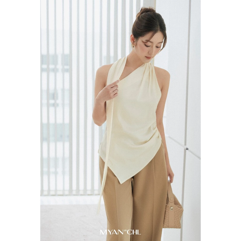 Áo lụa lệch vai choàng dây liền áo