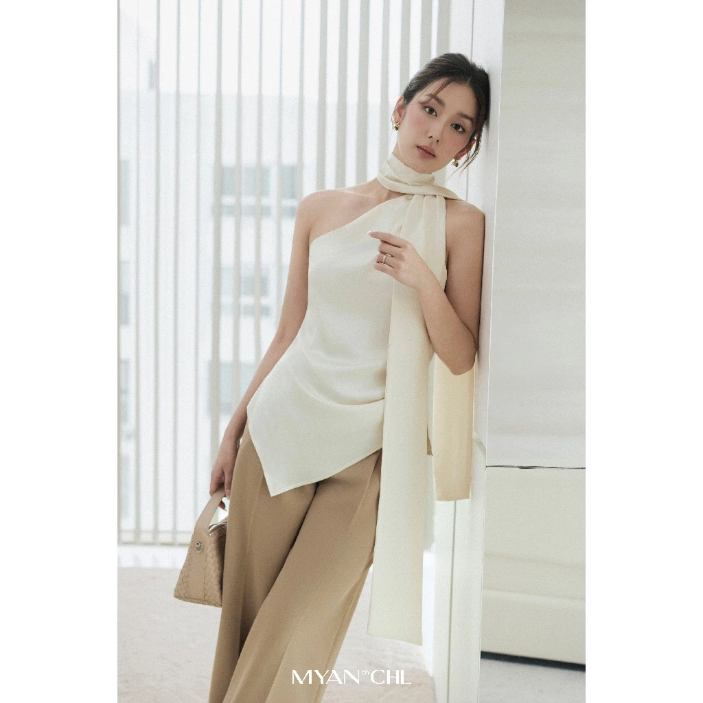 Áo lụa lệch vai choàng dây liền áo