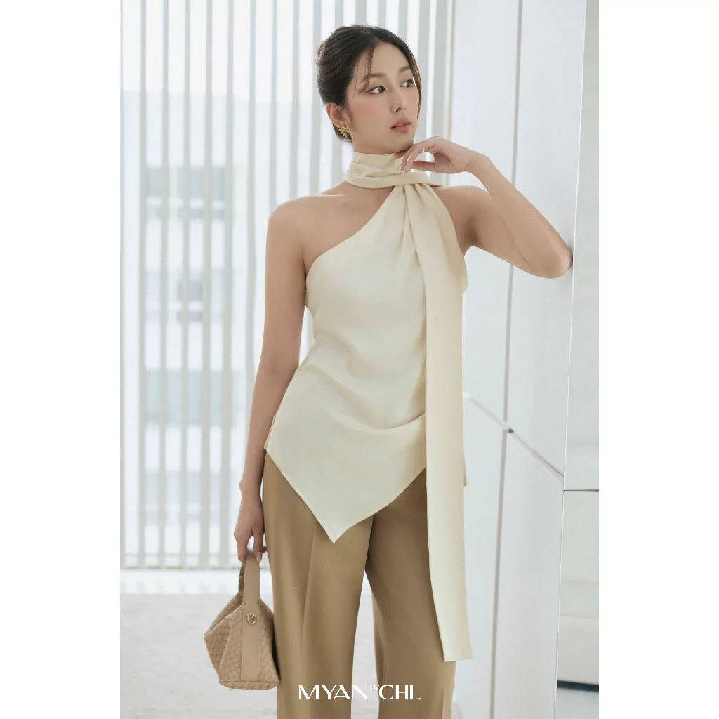 Áo lụa lệch vai choàng dây liền áo