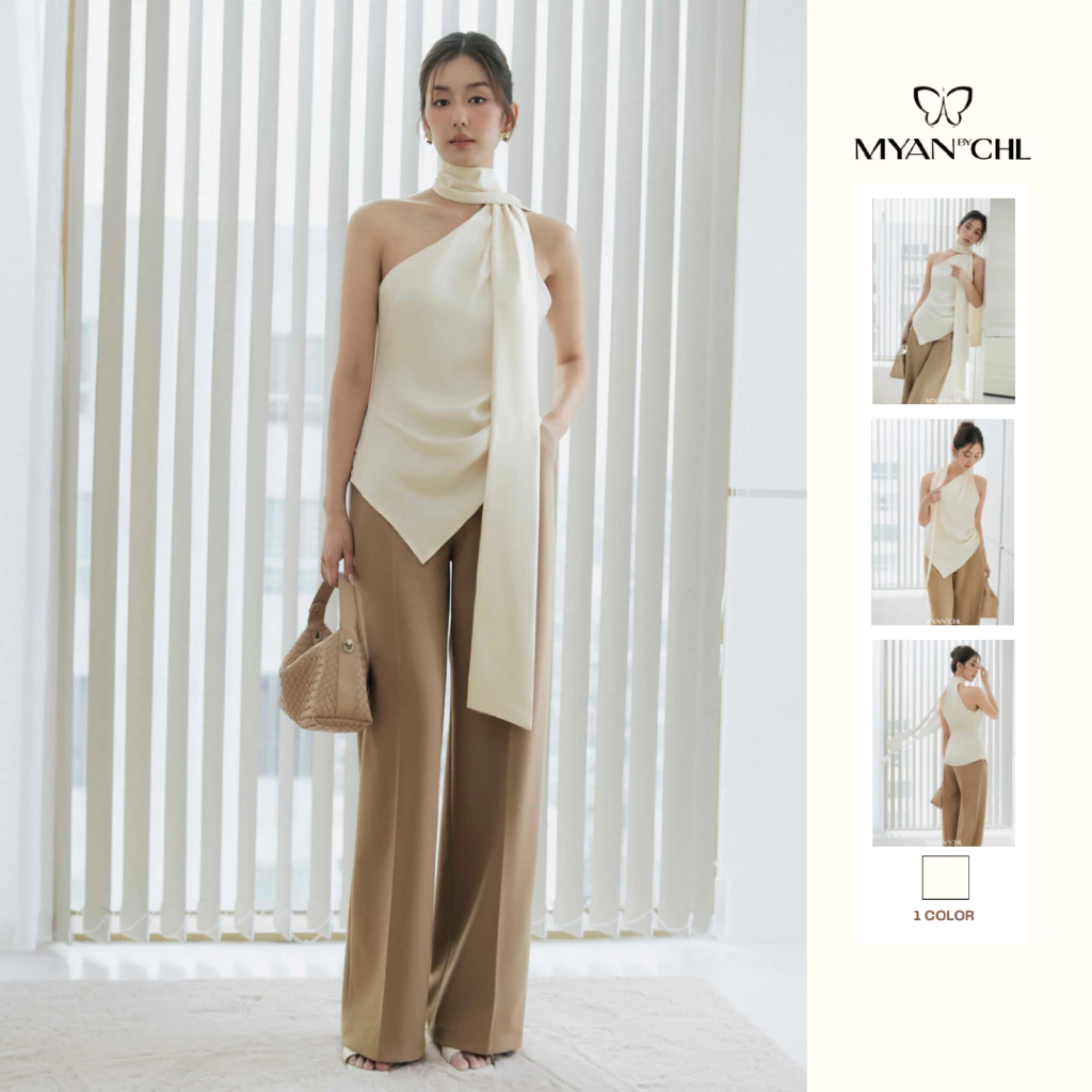 Áo lụa lệch vai choàng dây liền áo