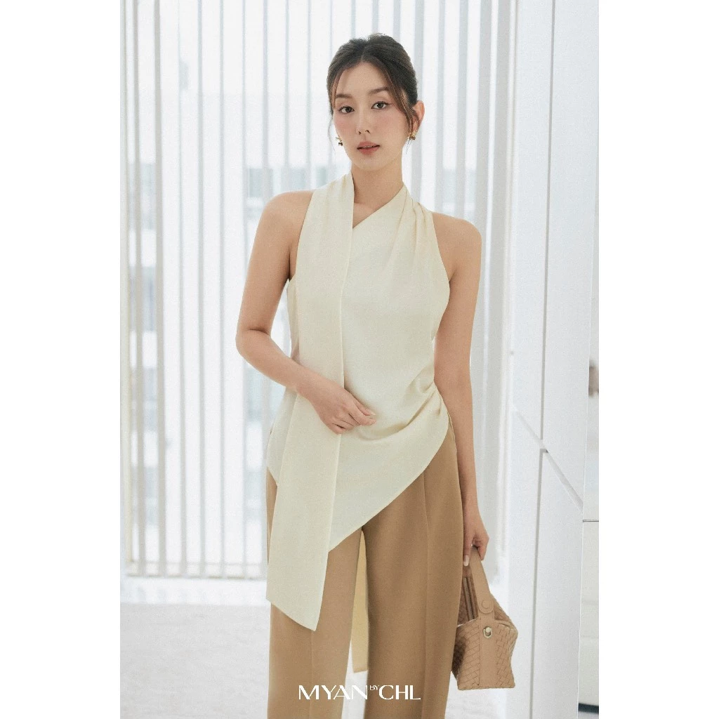Áo lụa lệch vai choàng dây liền áo