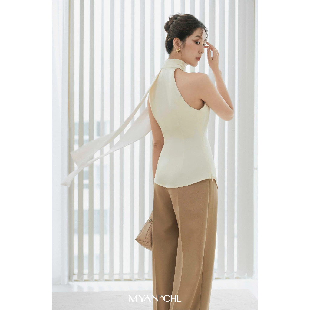Áo lụa lệch vai choàng dây liền áo