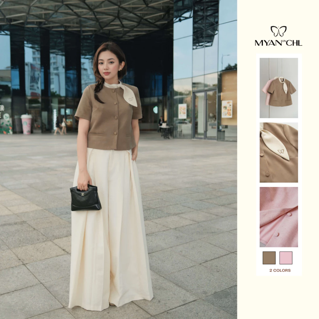Áo ngắn tay cổ nơ lệch