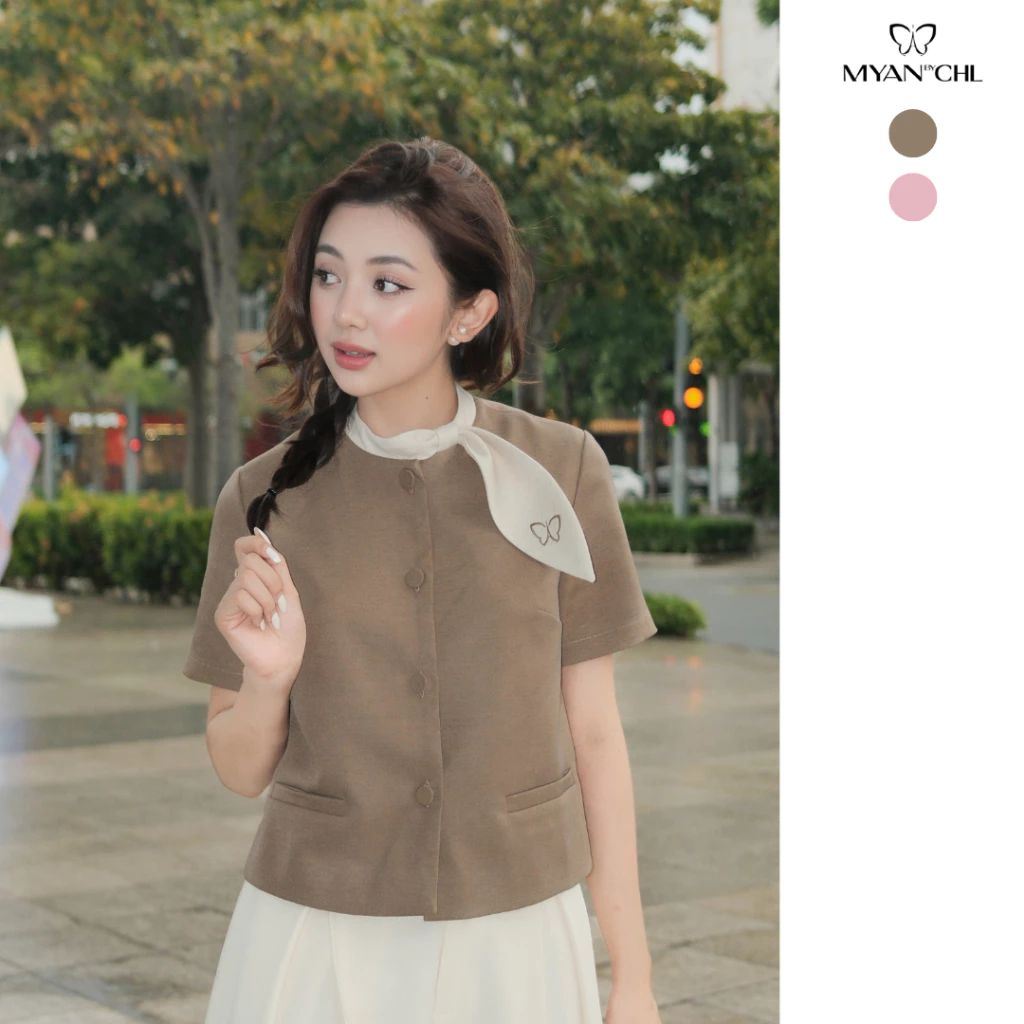 Áo ngắn tay cổ nơ lệch