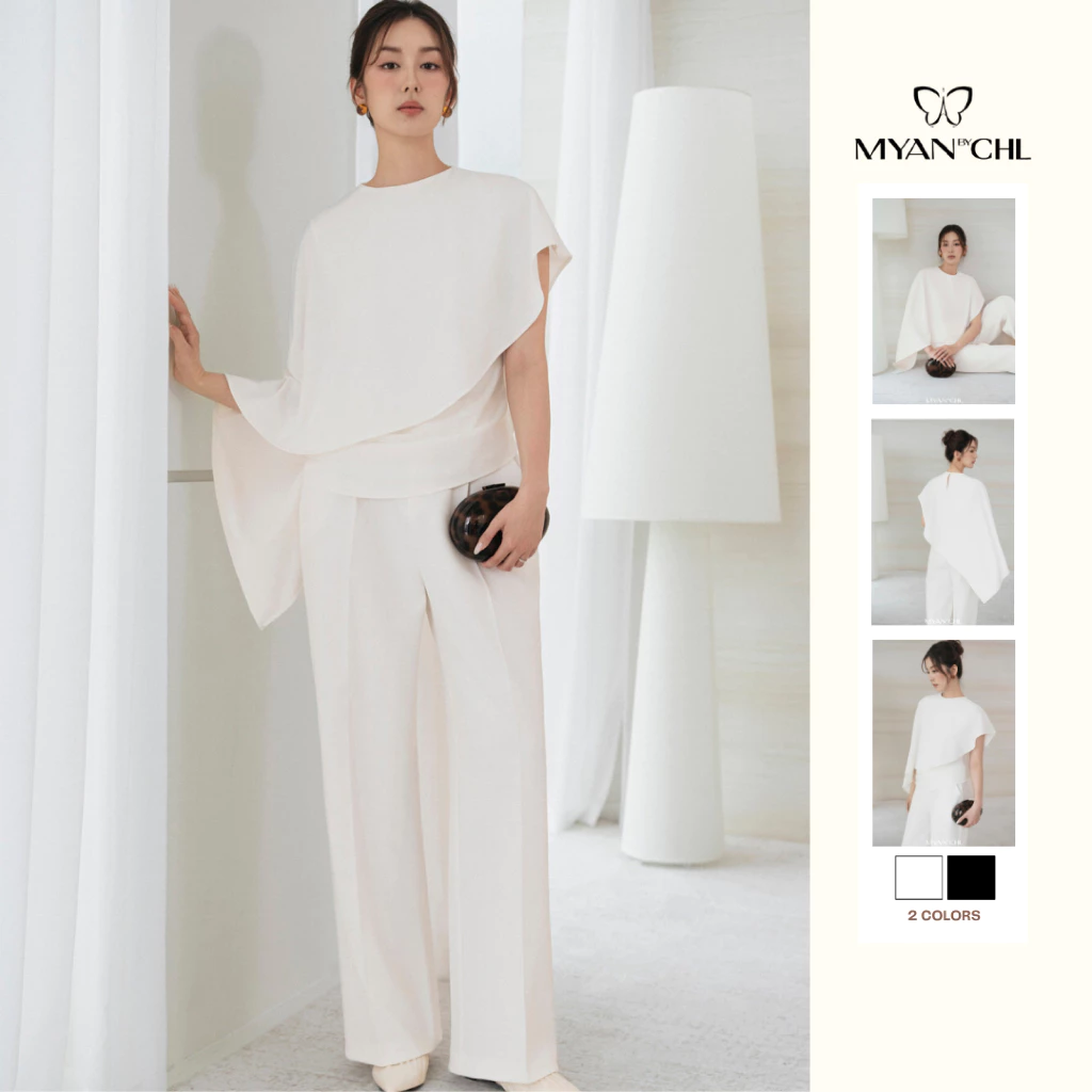 Áo phủ vạt lệch thân xếp ly