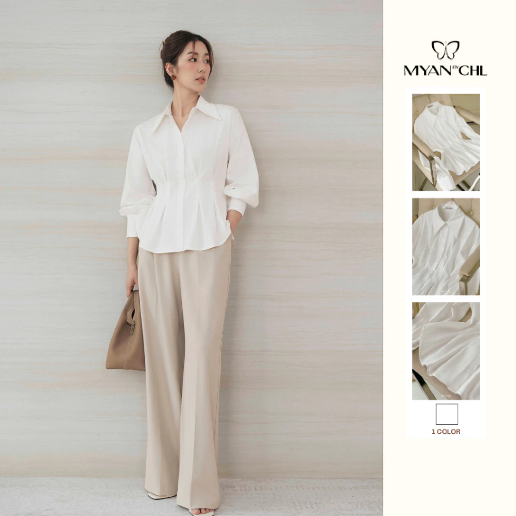 Áo sơ mi cổ đức xếp ly eo