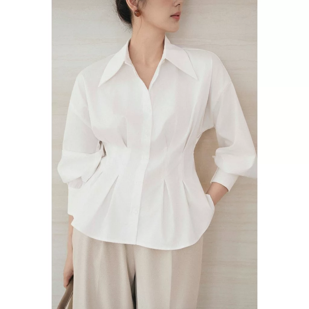 Áo sơ mi cổ đức xếp ly eo