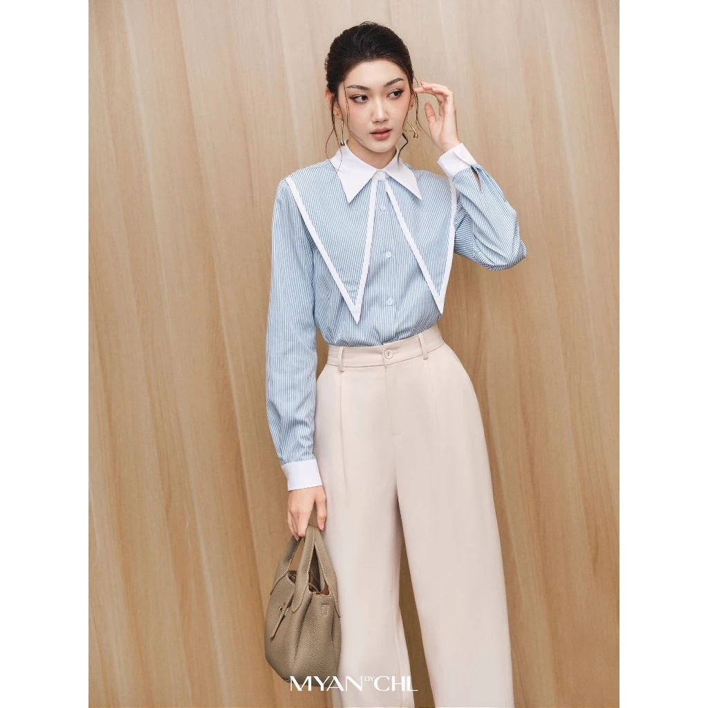 Áo sơ mi kẻ phối bản ve nhọn viền trắng