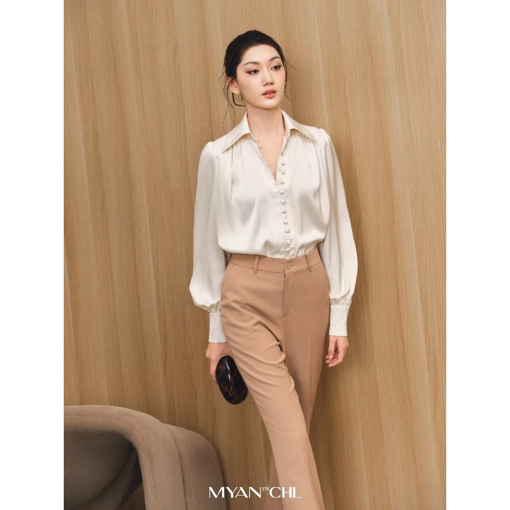 Áo sơ mi lụa đính cúc bọc