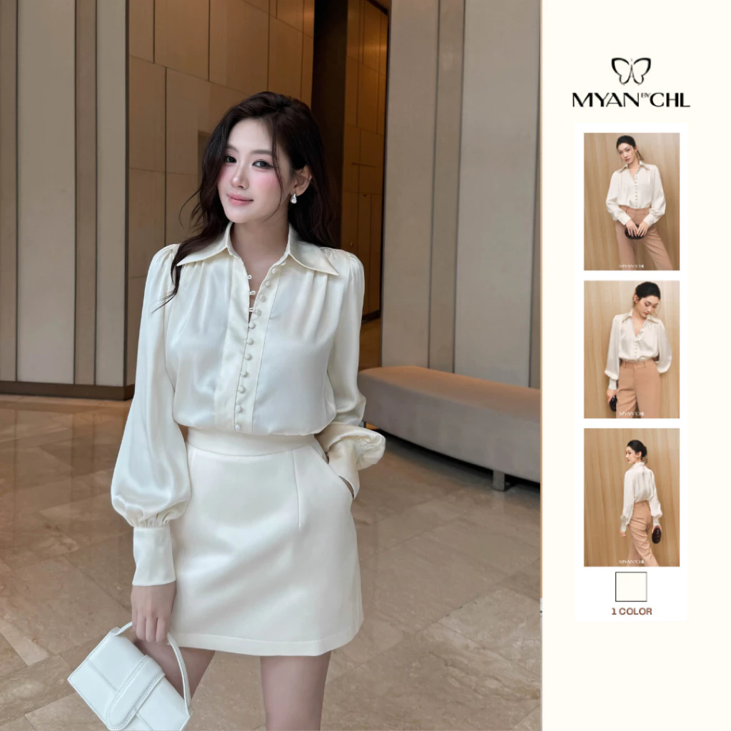 Áo sơ mi lụa đính cúc bọc