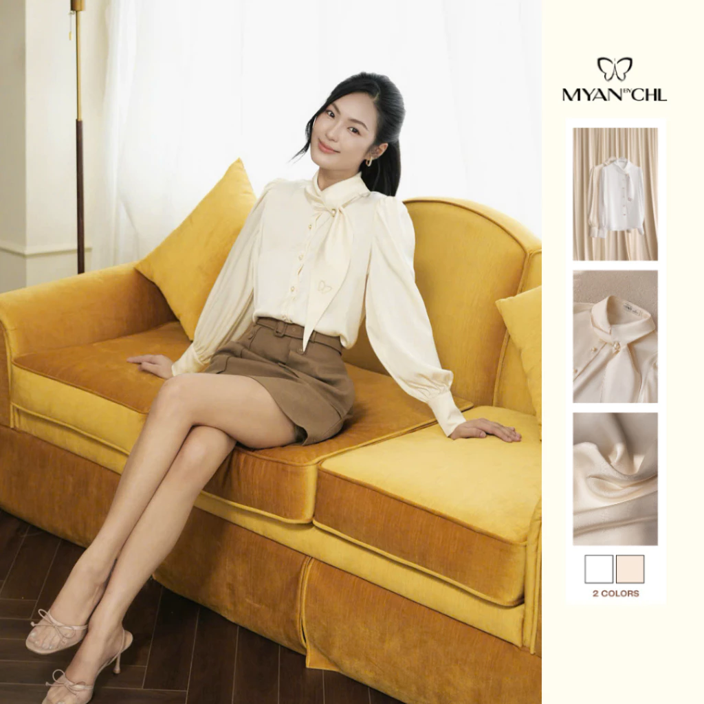 Áo sơ mi nơ cổ cúc ngọc cách điệu