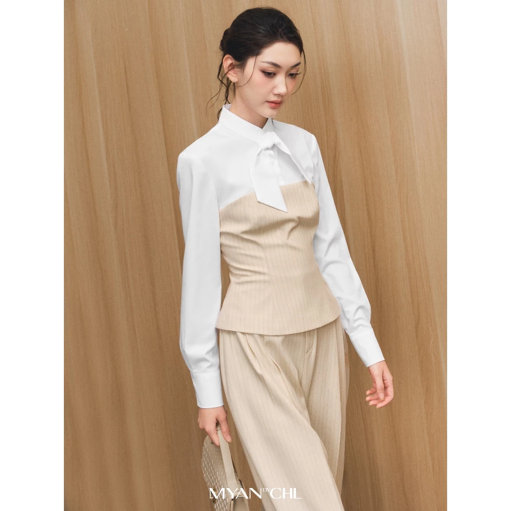 Áo sơ mi phối corset kẻ