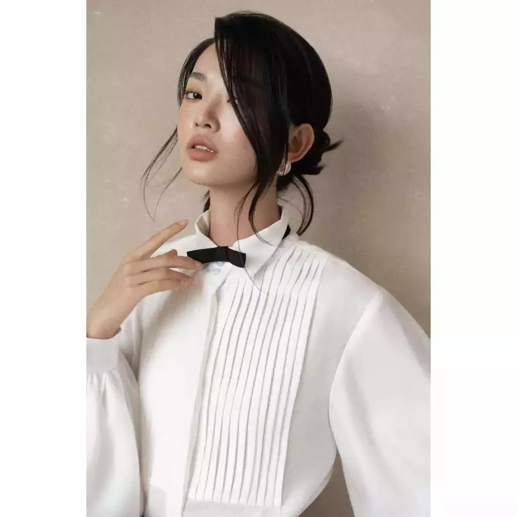 Áo sơ mi tay phồng phối nơ