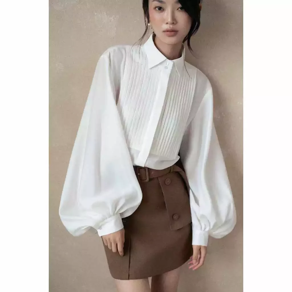 Áo sơ mi tay phồng phối nơ