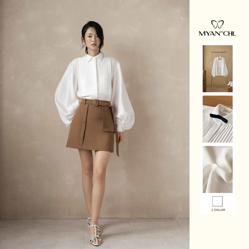 Áo sơ mi tay phồng phối nơ