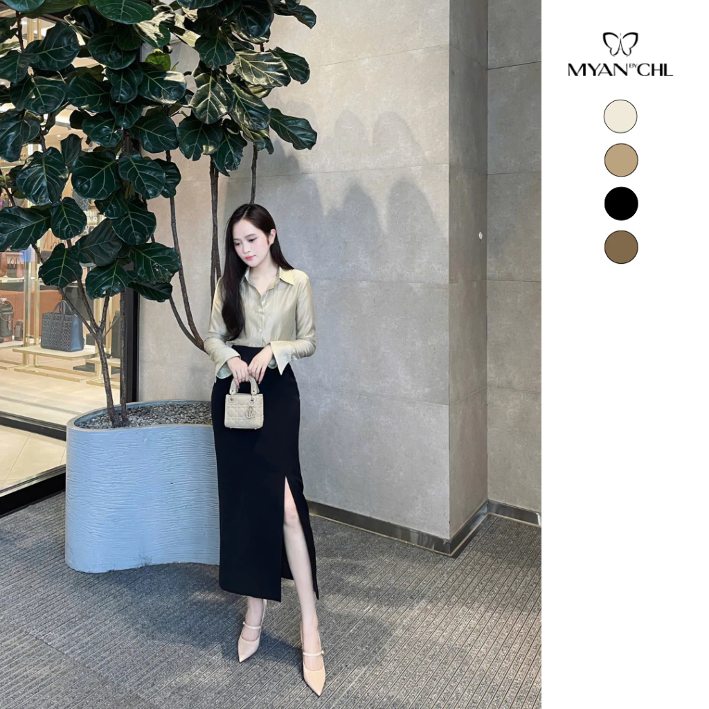 Chân váy midi dáng bút chì xẻ lệch