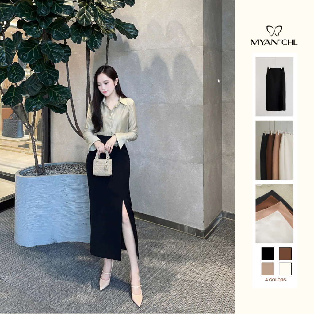 Chân váy midi dáng bút chì xẻ lệch