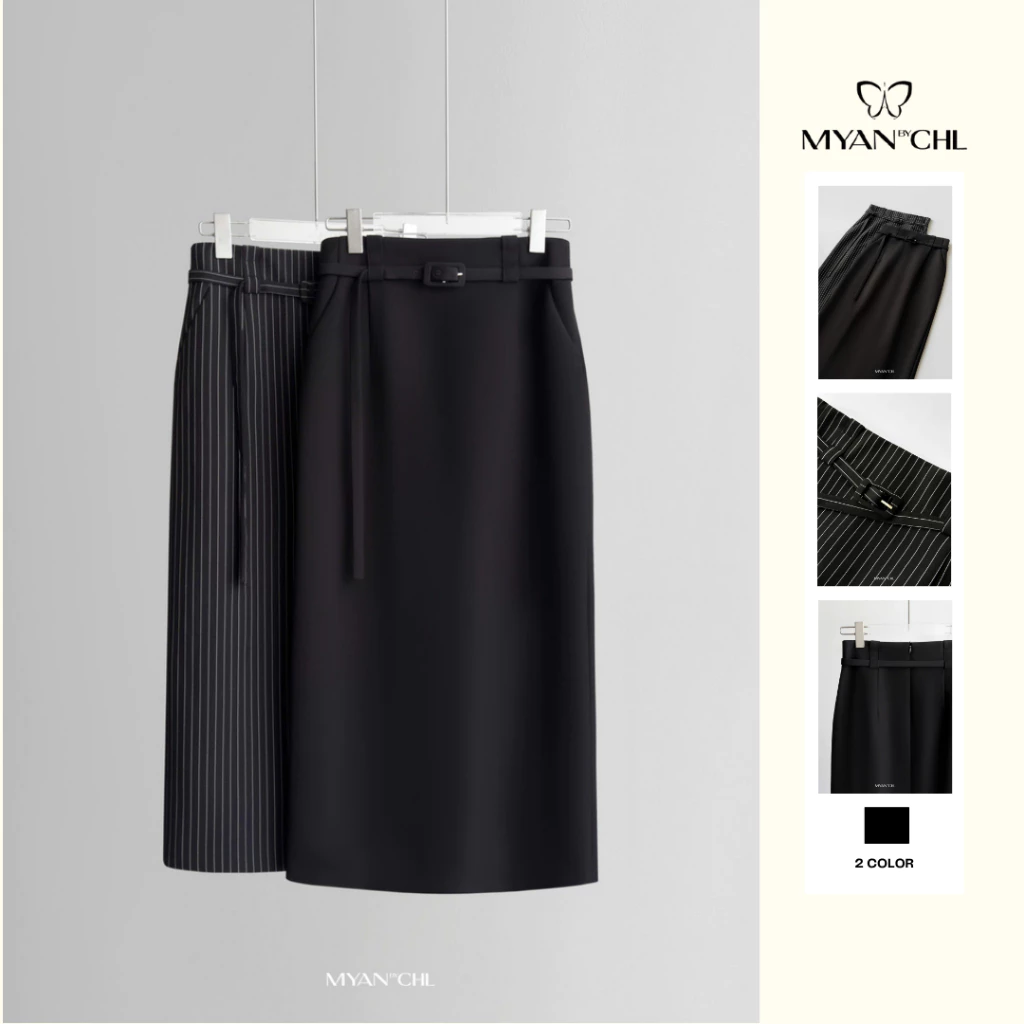 Chân váy midi dáng đứng kèm dây thắt lưng