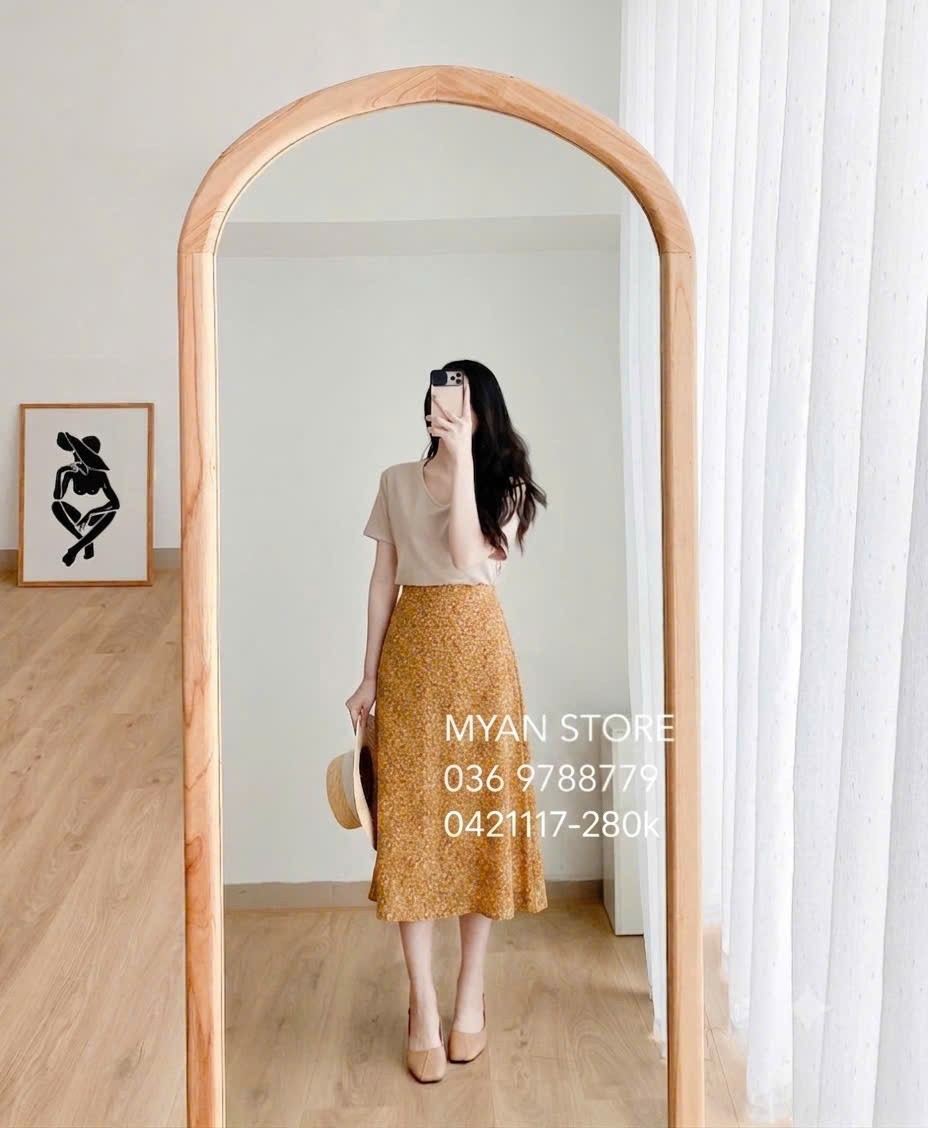 Chân váy midi hoa cạp chun sau