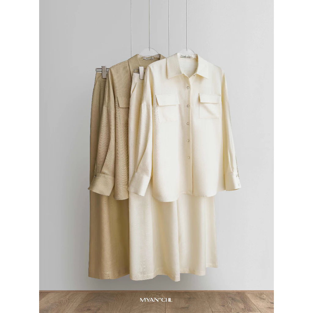 Set linen sơ mi phối quần ống rộng