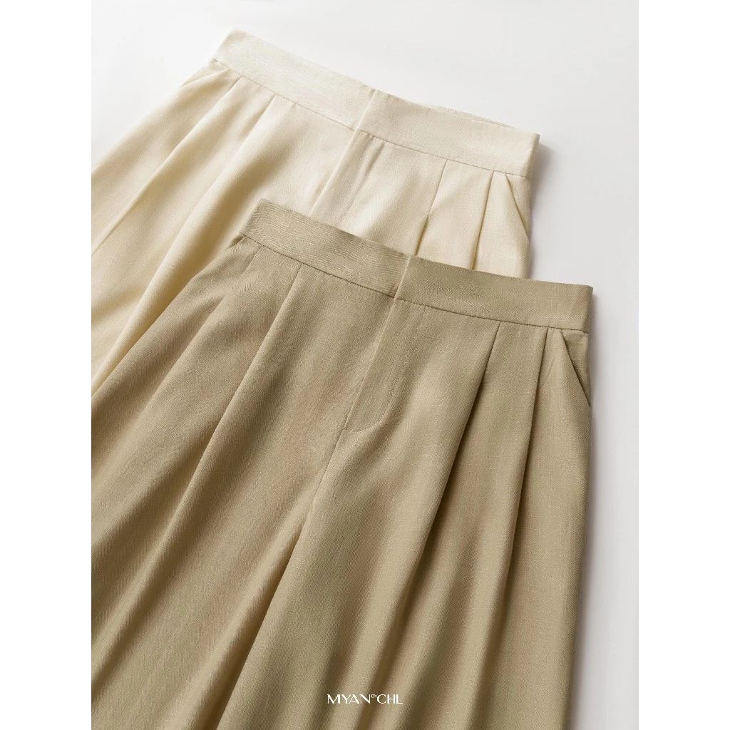 Set linen sơ mi phối quần ống rộng