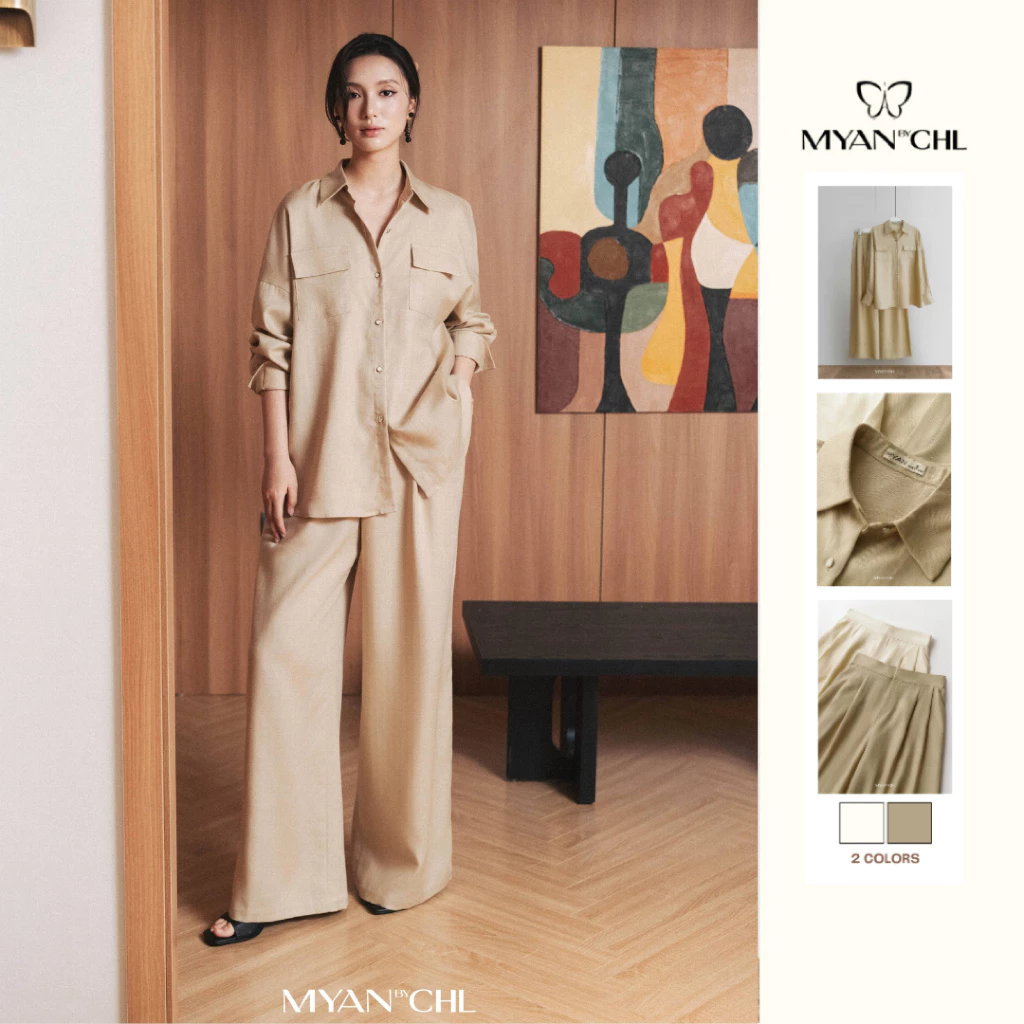 Set linen sơ mi phối quần ống rộng