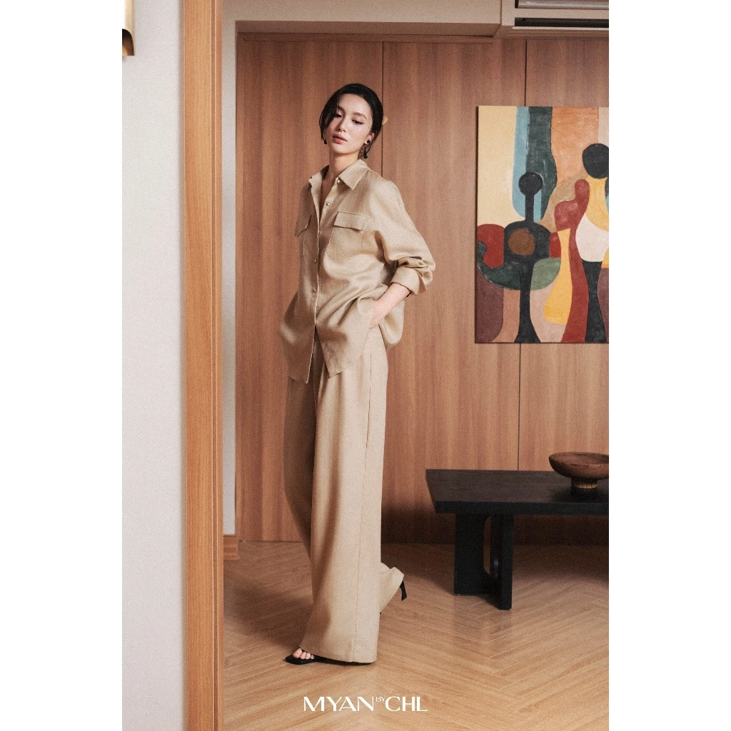 Set linen sơ mi phối quần ống rộng