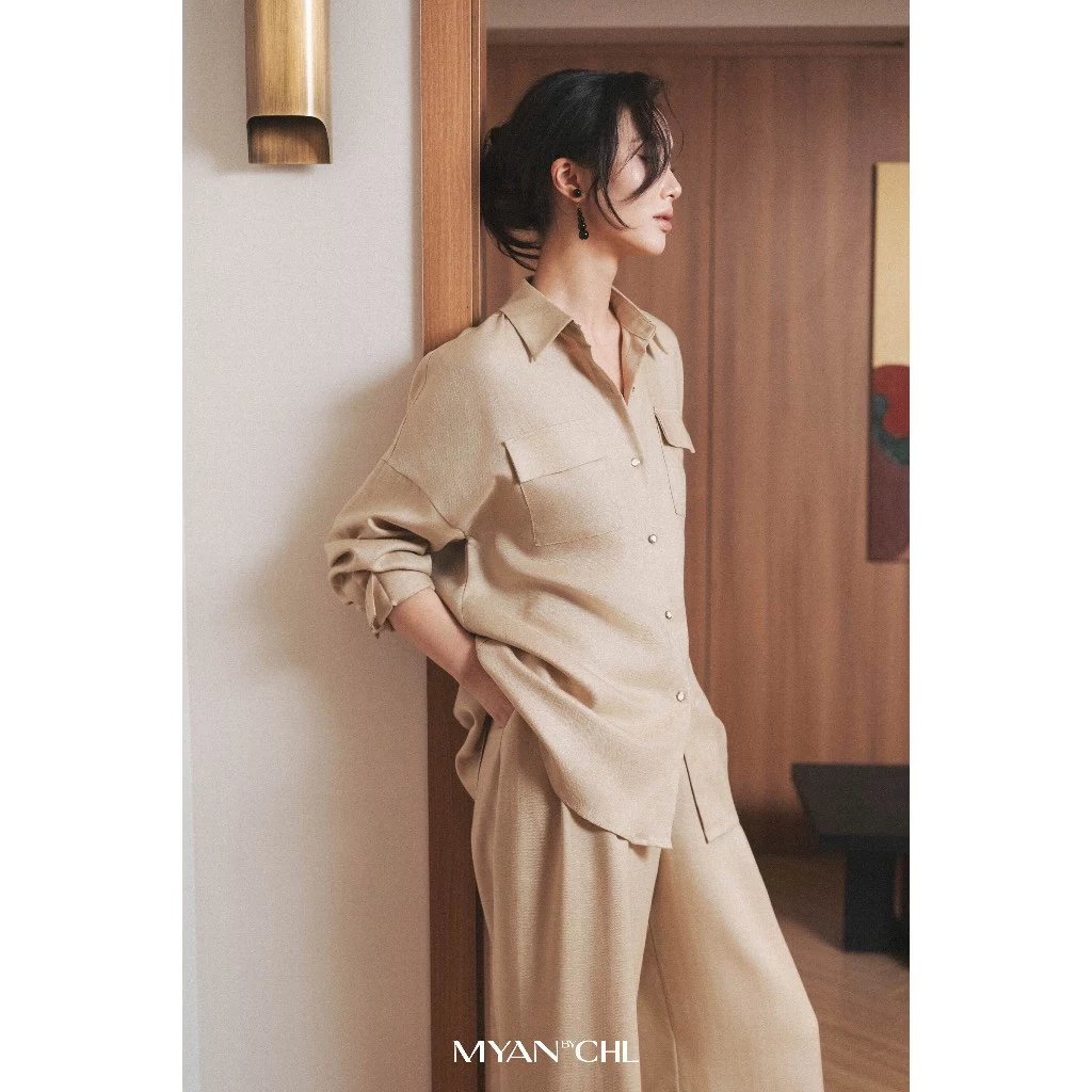 Set linen sơ mi phối quần ống rộng