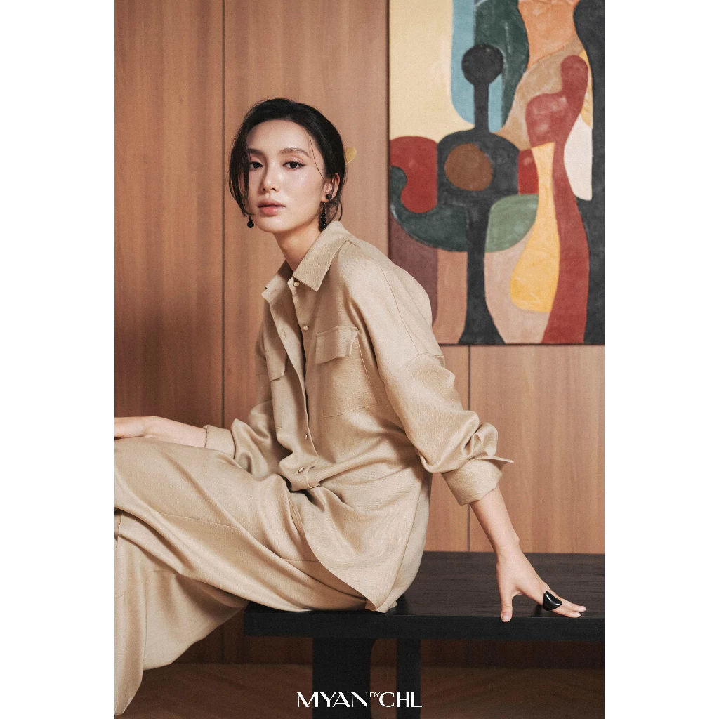 Set linen sơ mi phối quần ống rộng