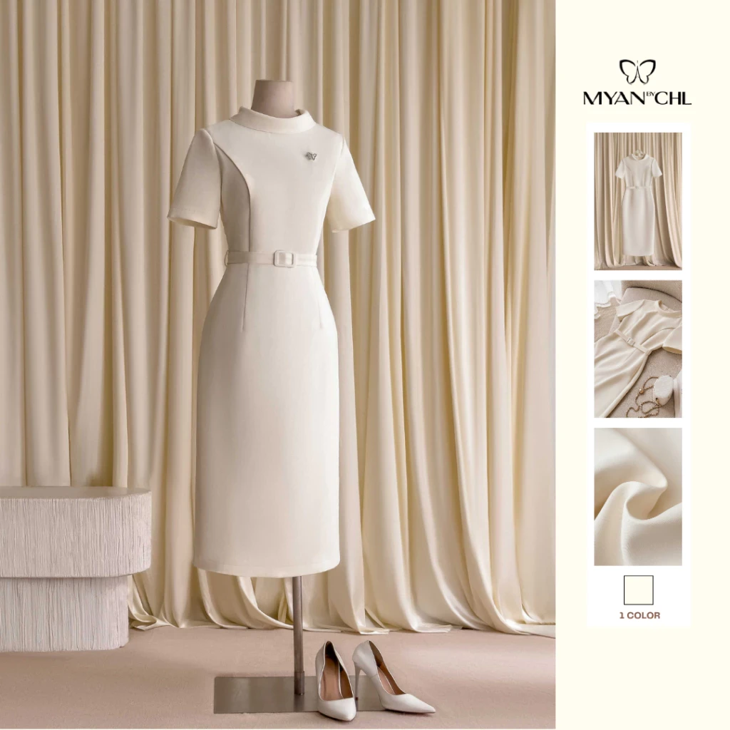 Váy dáng dài cổ lật thắt lưng rời