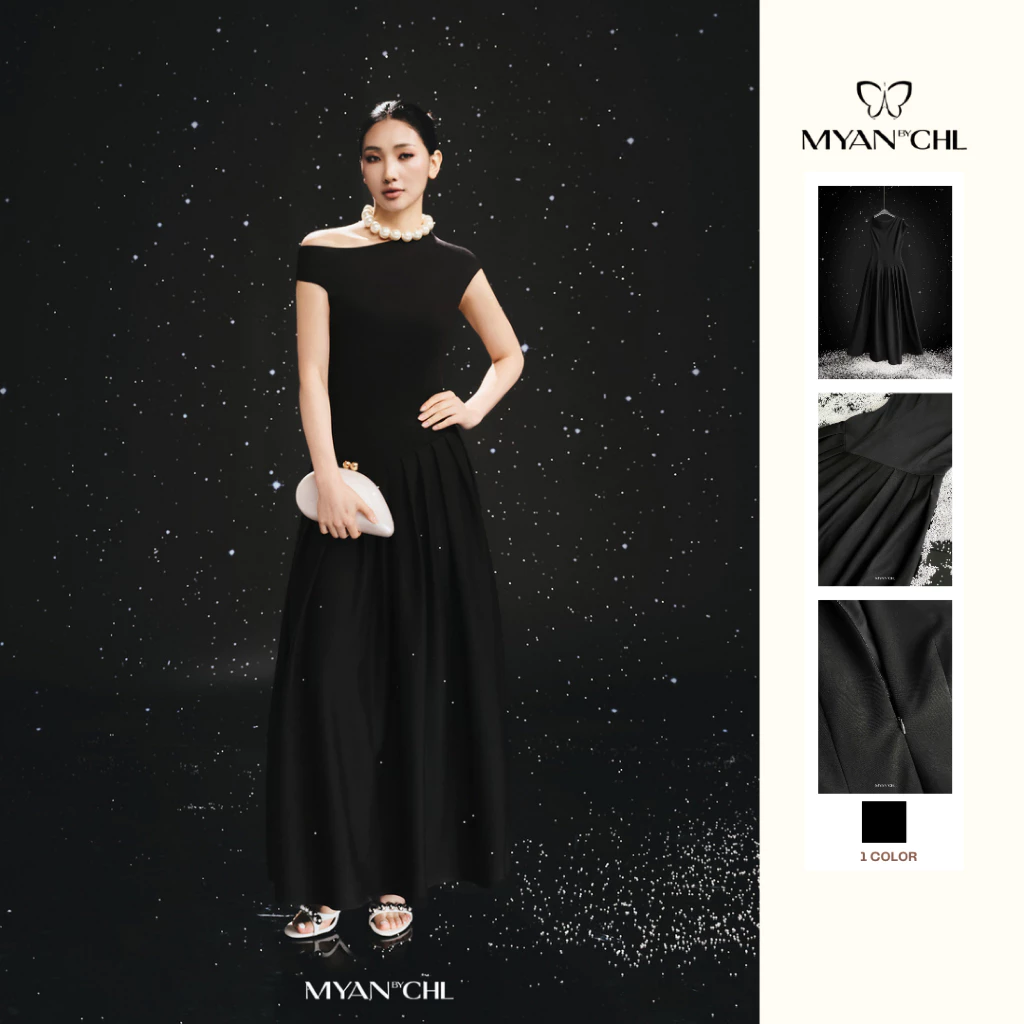 Váy dáng dài vai lệch xếp ly
