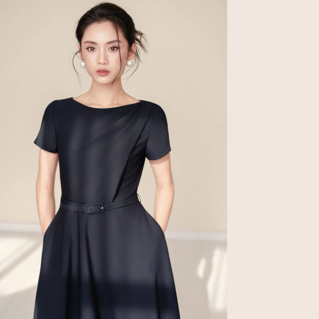 Váy dáng dài xếp ly vai kèm dây đai rời