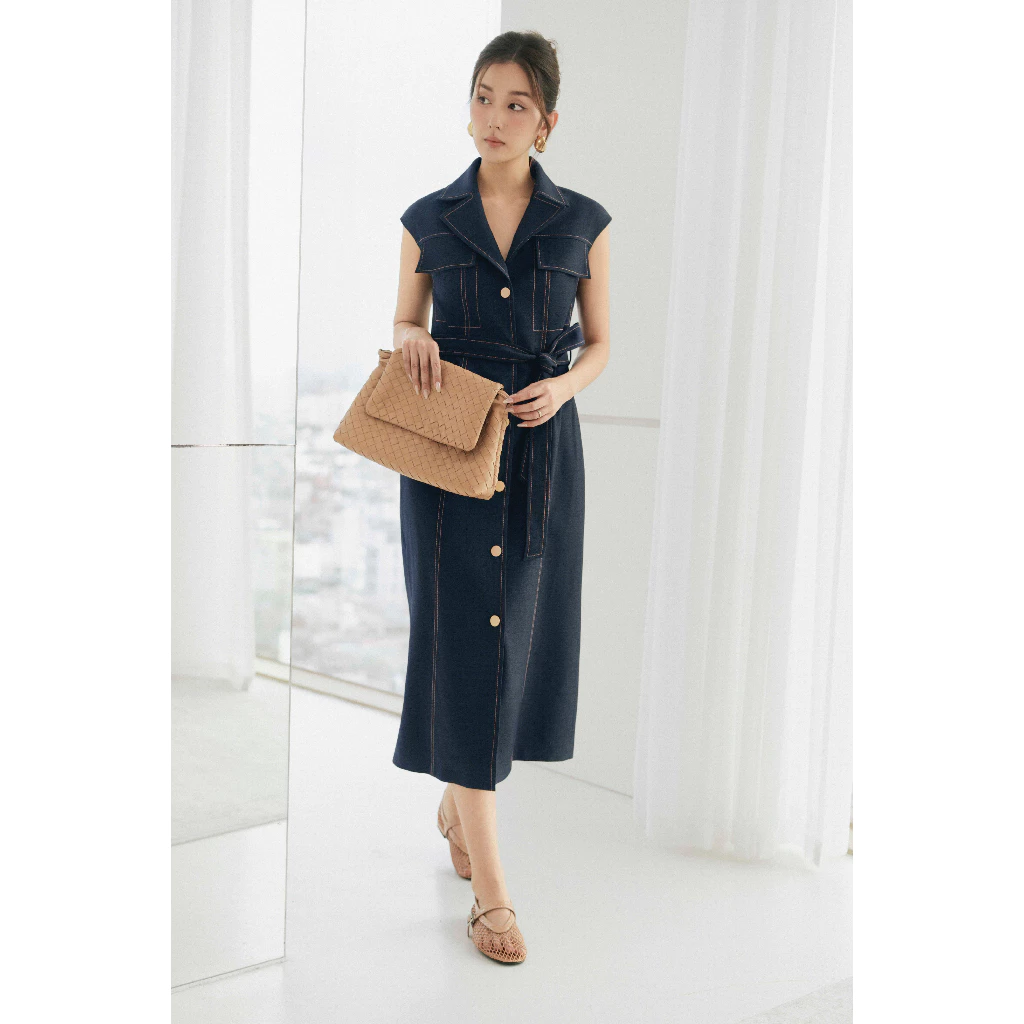 Váy giả jeans cổ bẻ ve sát nách