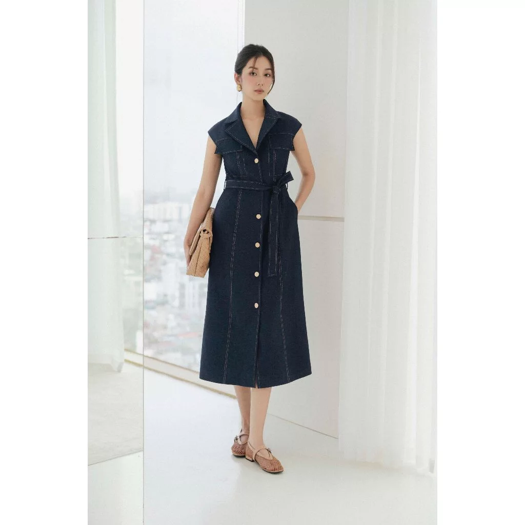 Váy giả jeans cổ bẻ ve sát nách