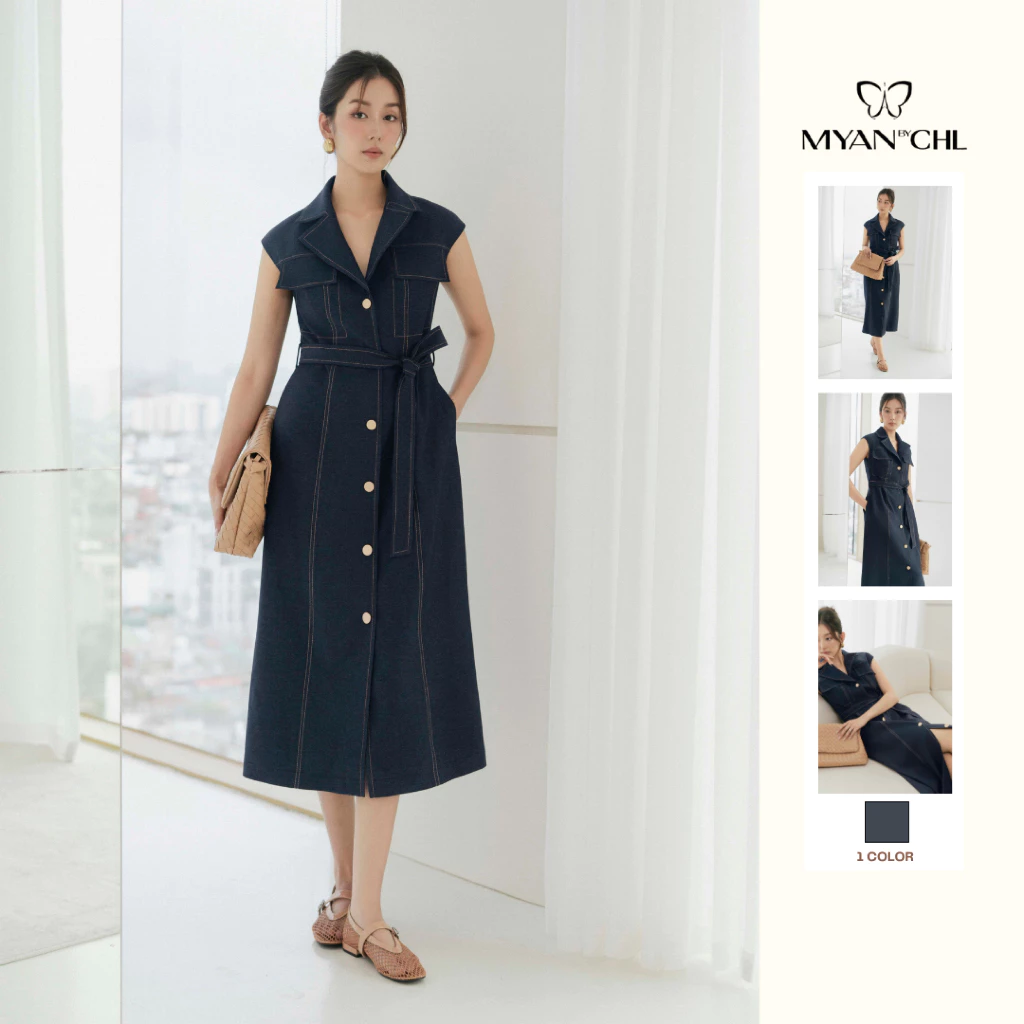 Váy giả jeans cổ bẻ ve sát nách