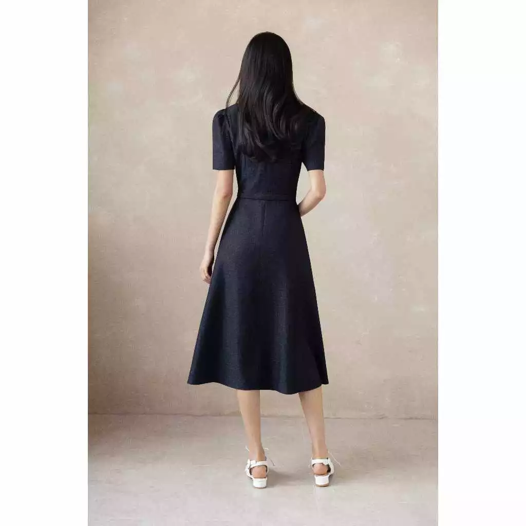 Váy giả jeans đai nơ ngắn tay dáng dài