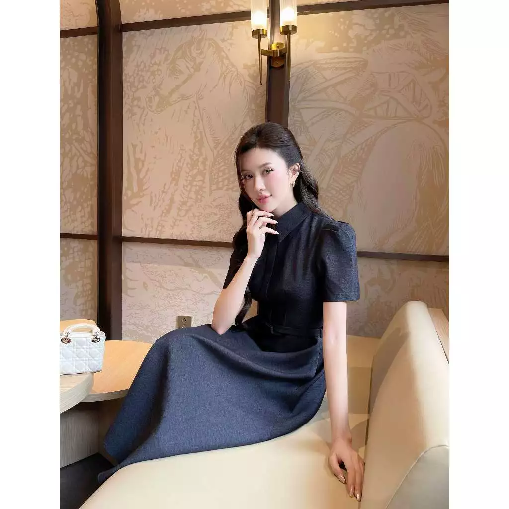 Váy giả jeans đai nơ ngắn tay dáng dài
