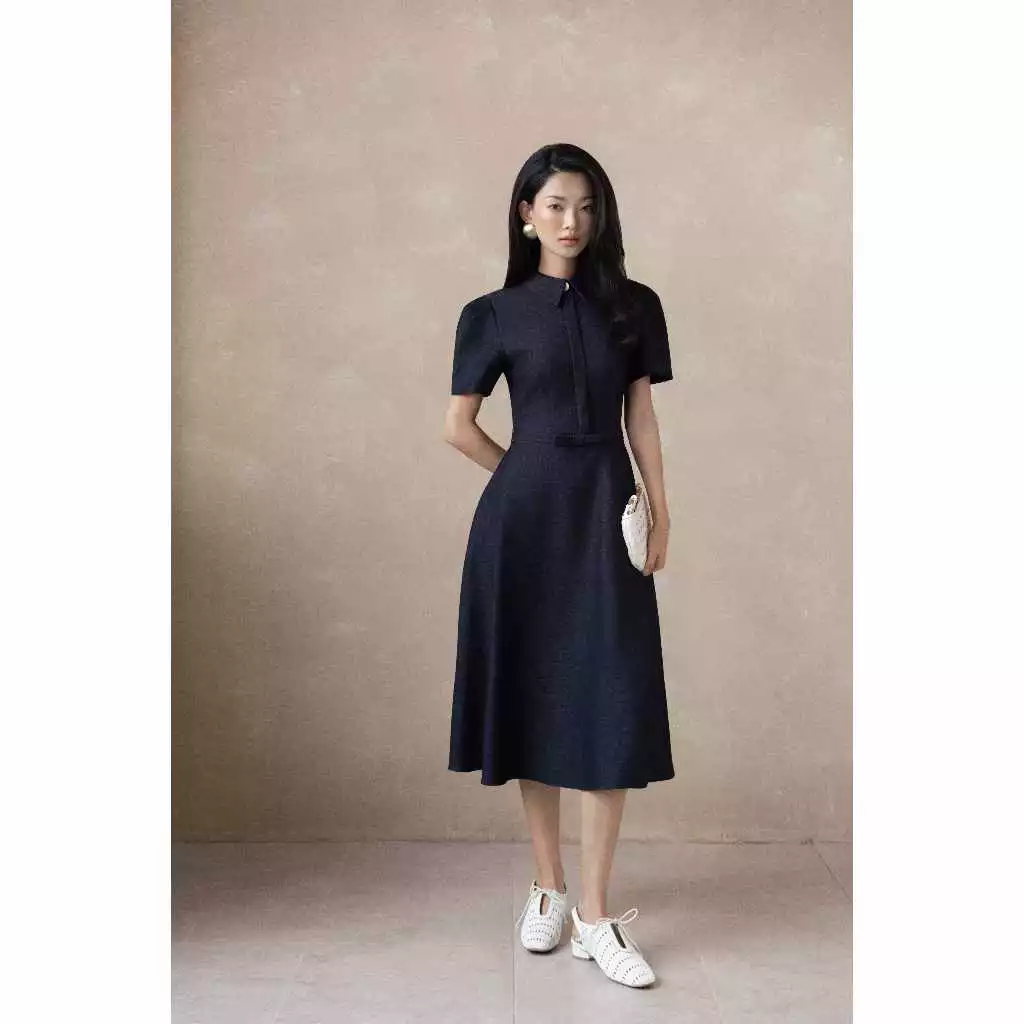 Váy giả jeans đai nơ ngắn tay dáng dài