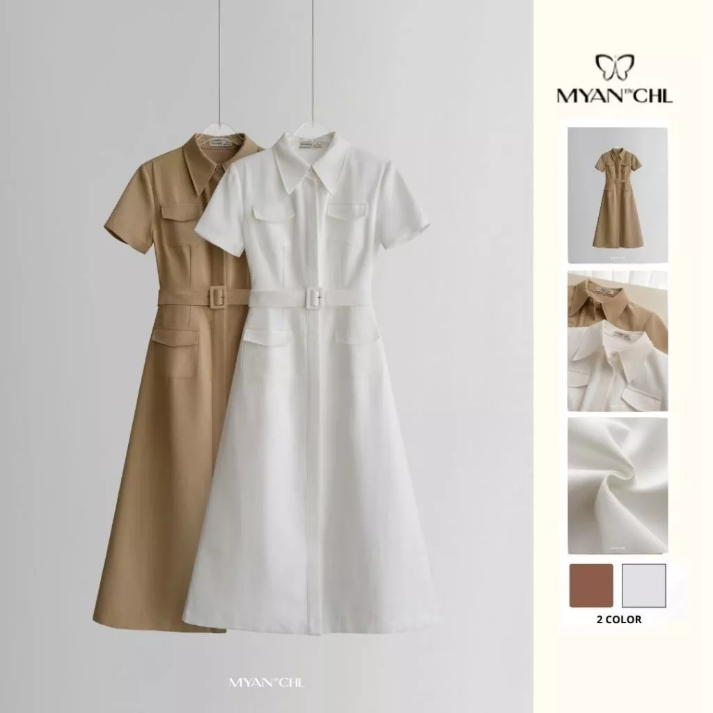 Váy kaki dáng dài cổ đức túi ốp