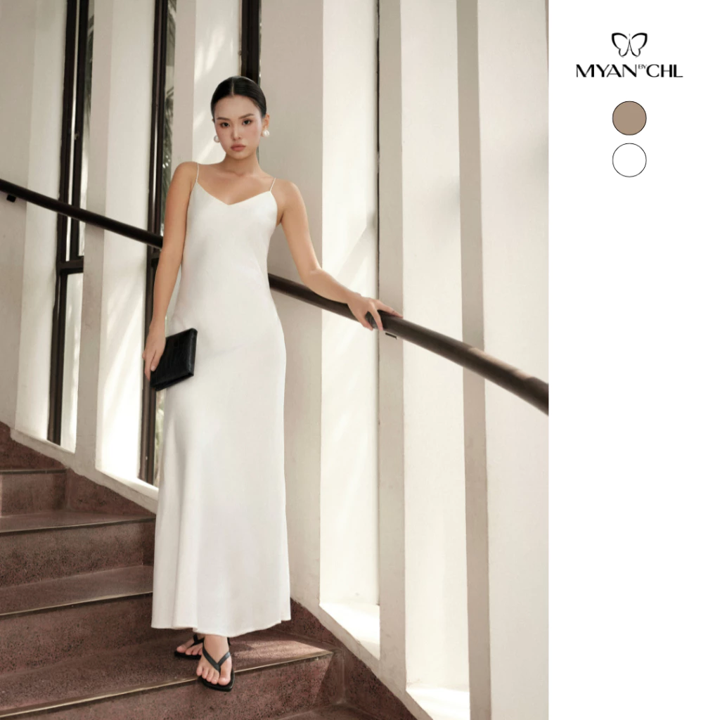 Váy lụa 2 dây cổ tim dáng dài