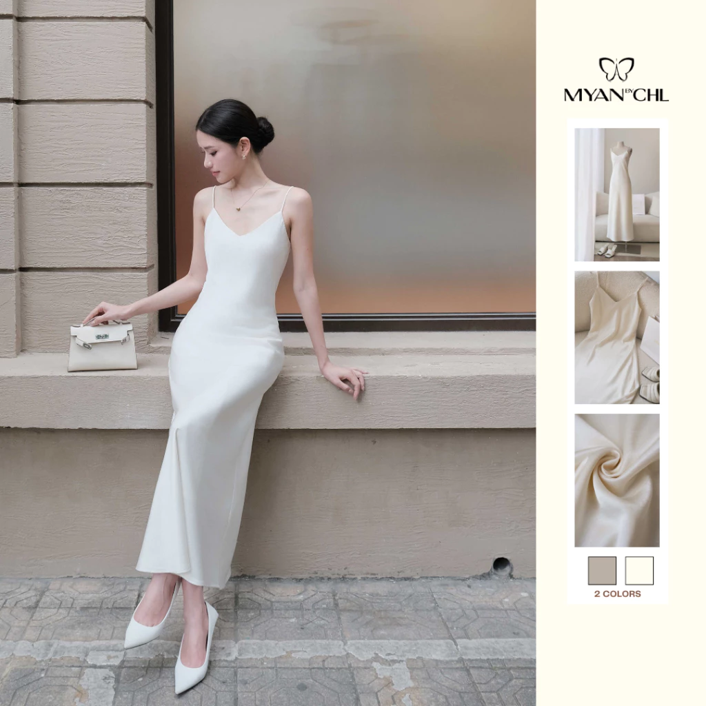 Váy lụa 2 dây cổ tim dáng dài