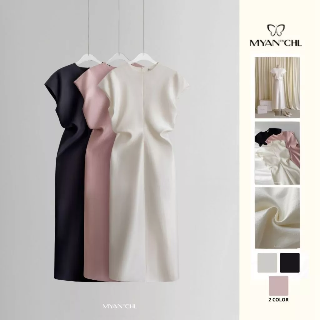 Váy tafta maxi vai rơi cổ tròn