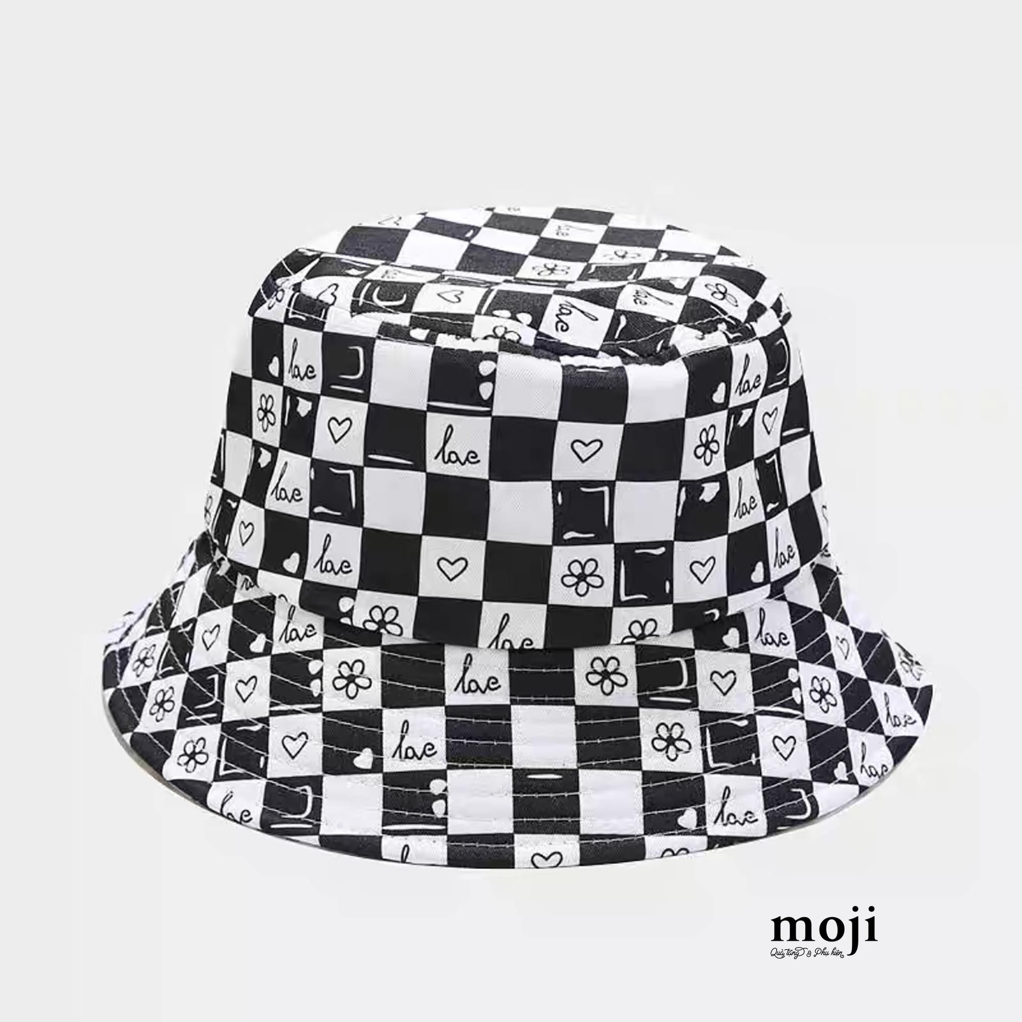 Mũ nón bucket Love heart flower caro check pattern