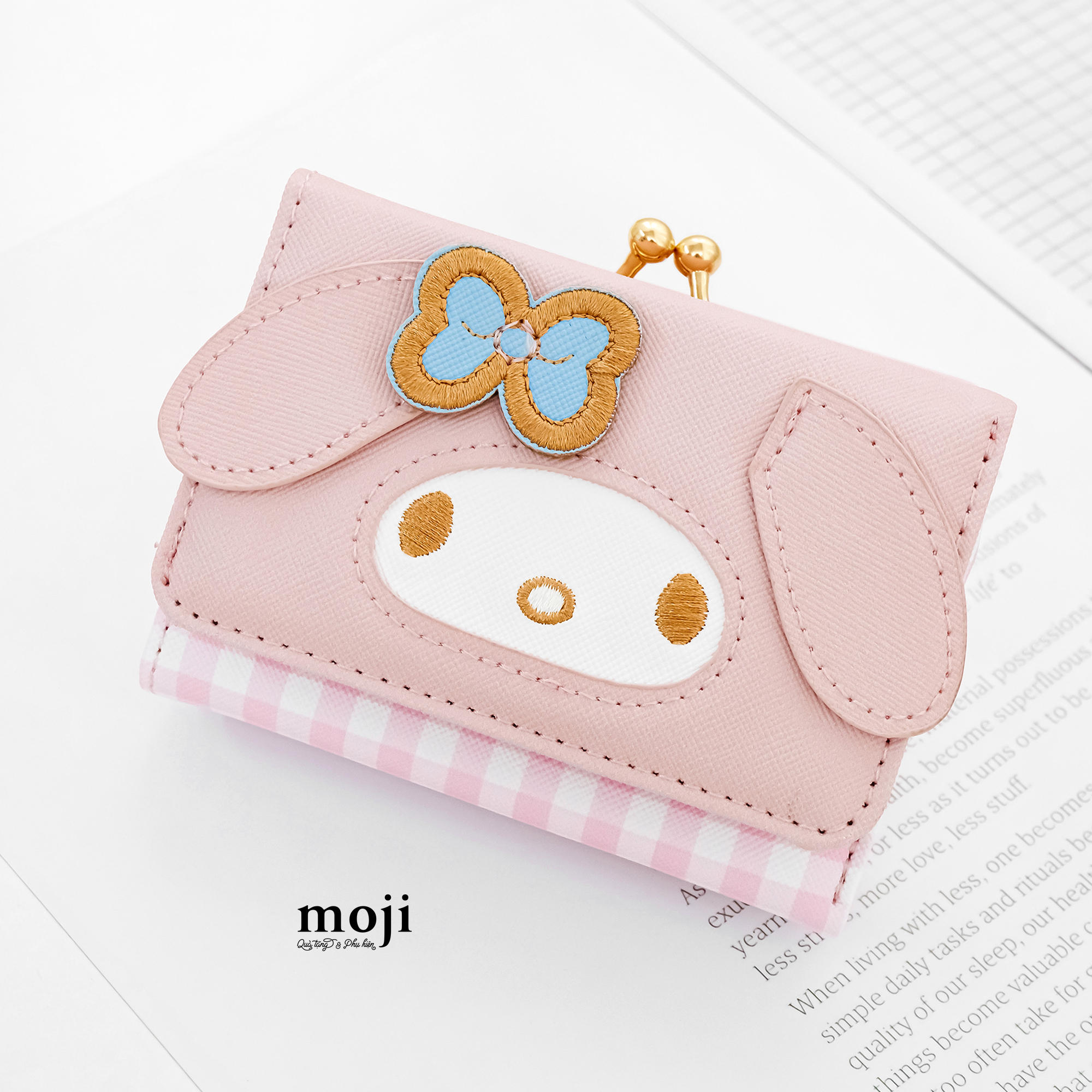 Ví da gập ngắn Sanrio family My Melody face có tai kẻ ô cao cấp 3x8x11