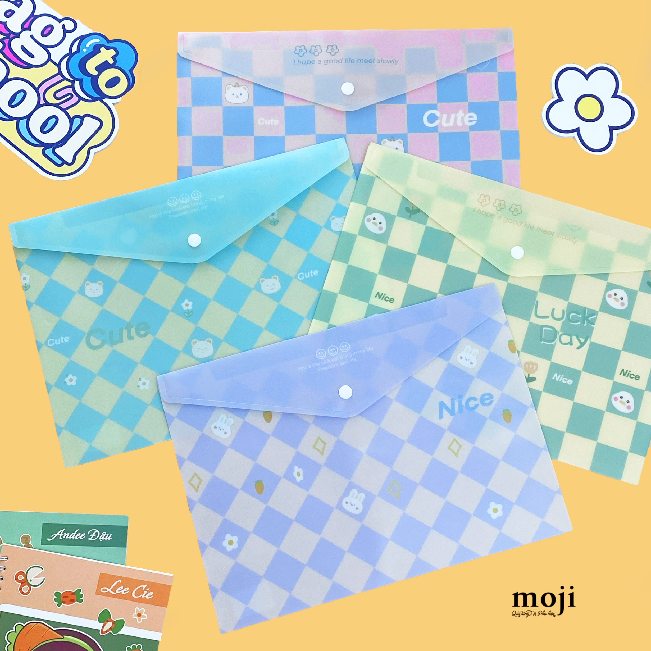 Túi đựng tài liệu MJ cúc bấm Animal face smiley flower gridiron pattern 23x32