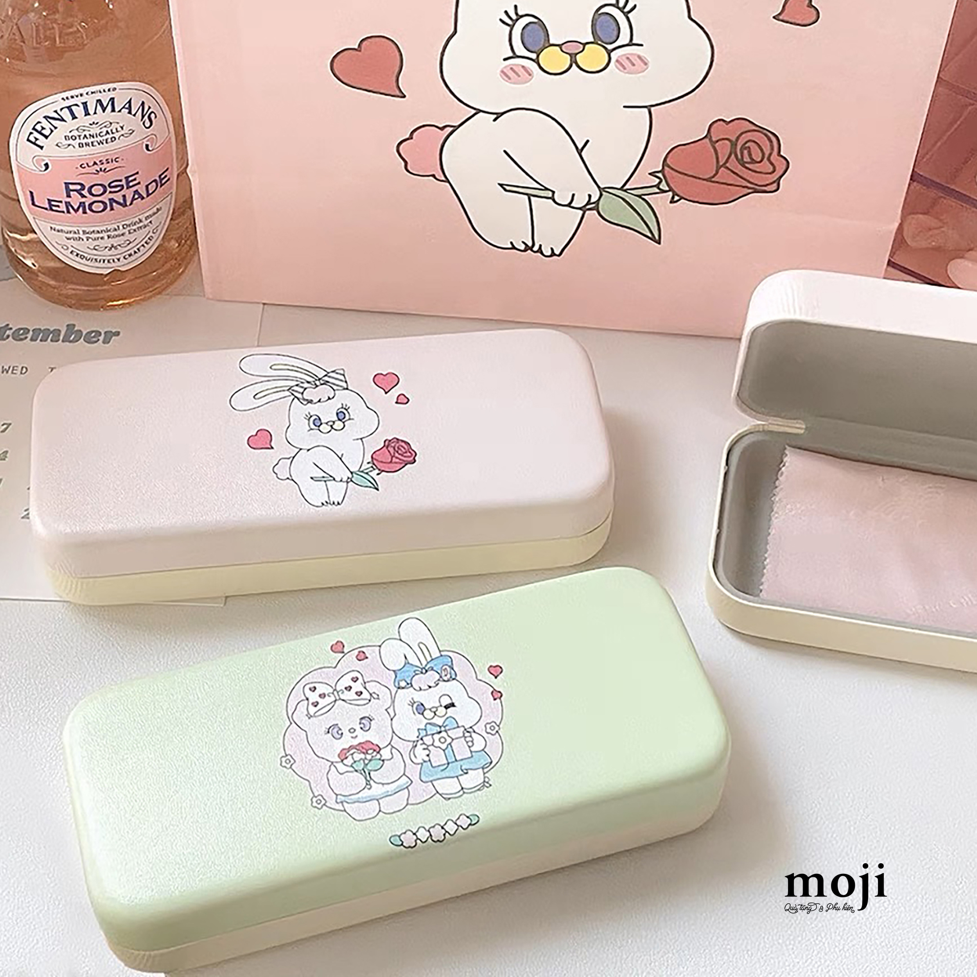 Hộp đựng kính bọc da Baby bear rabbit flower nền màu 6x16