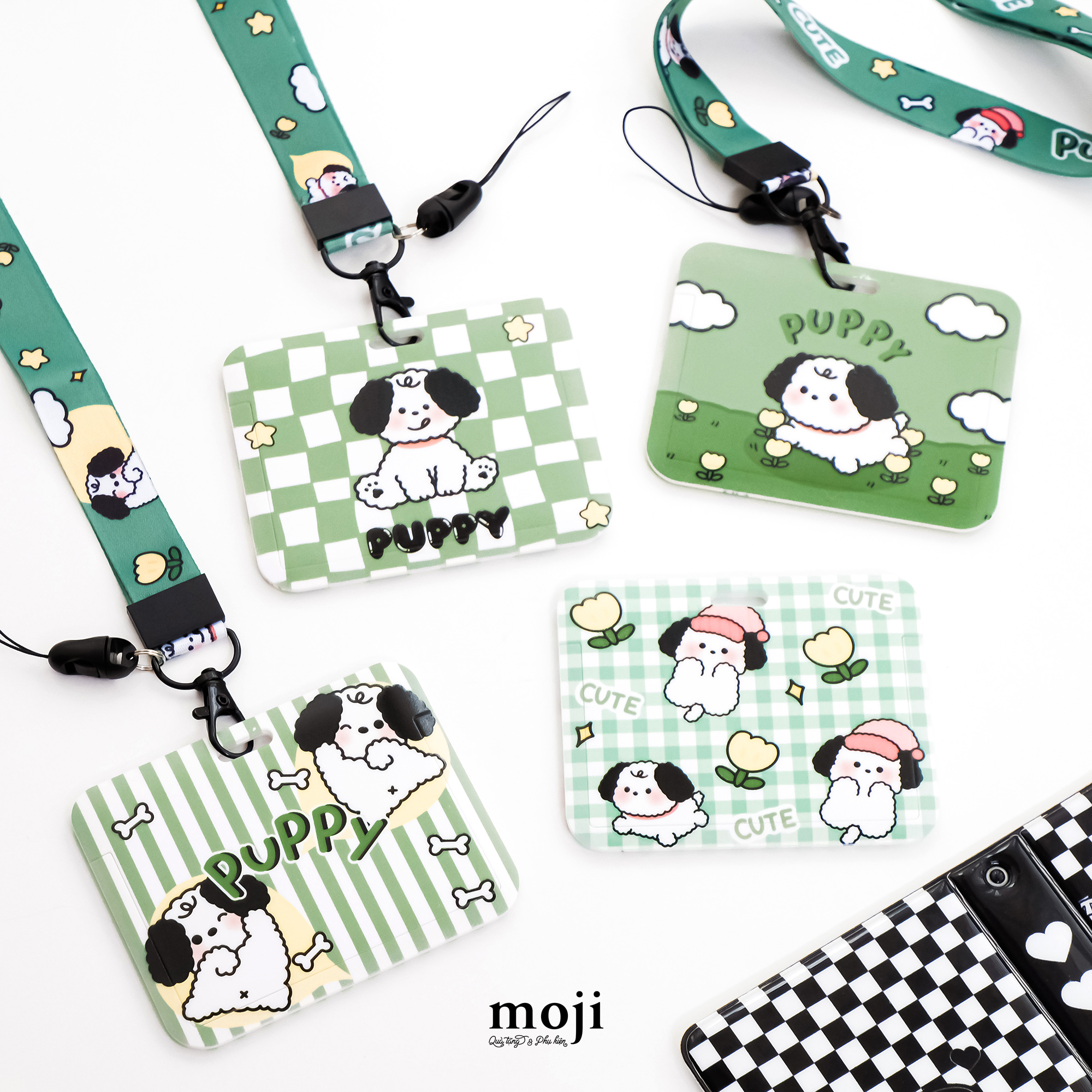 Đeo thẻ ngang Cute dog puppy flower nền kẻ ô kèm strap 8x10