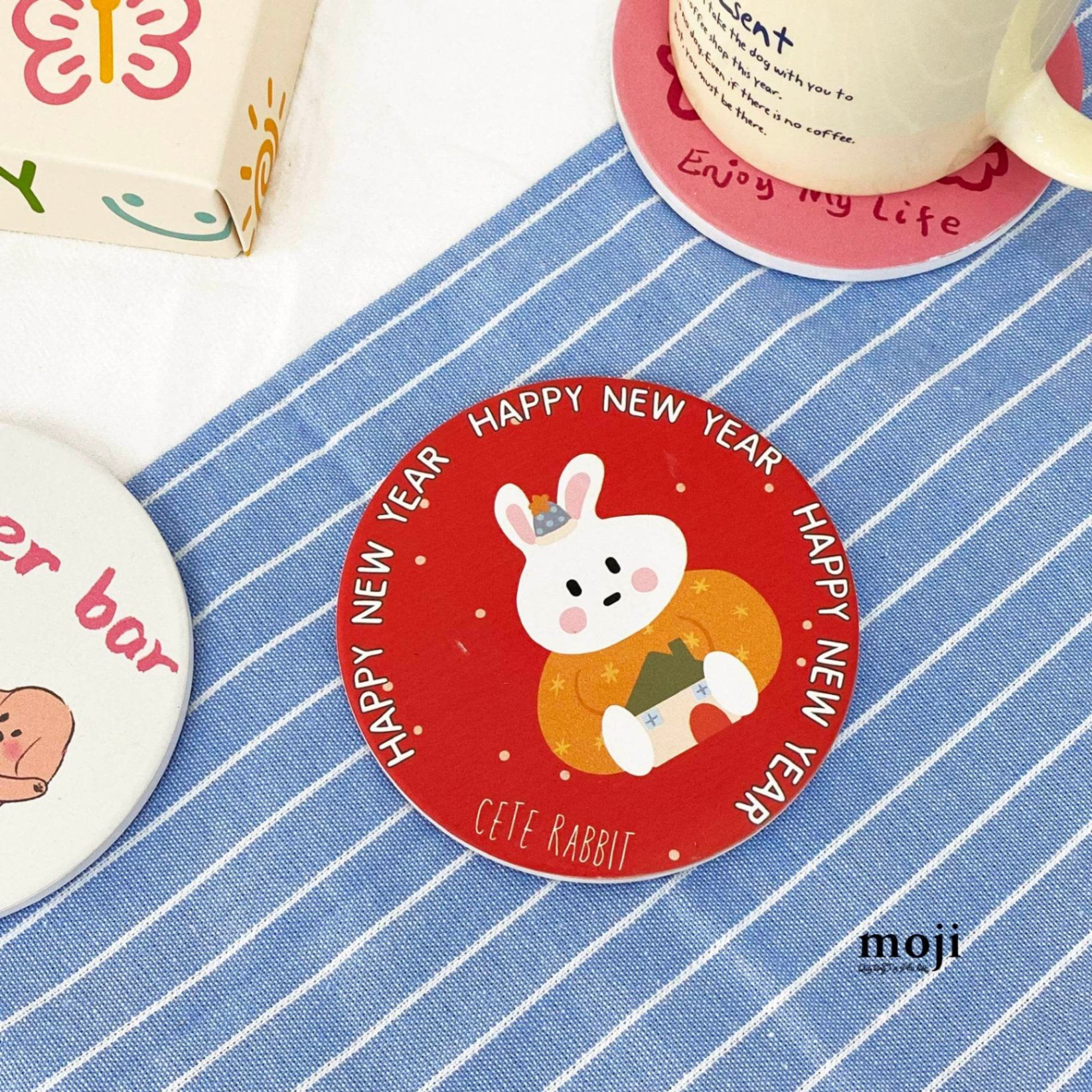 Lót cốc Rabbit at home happy new year 10cm