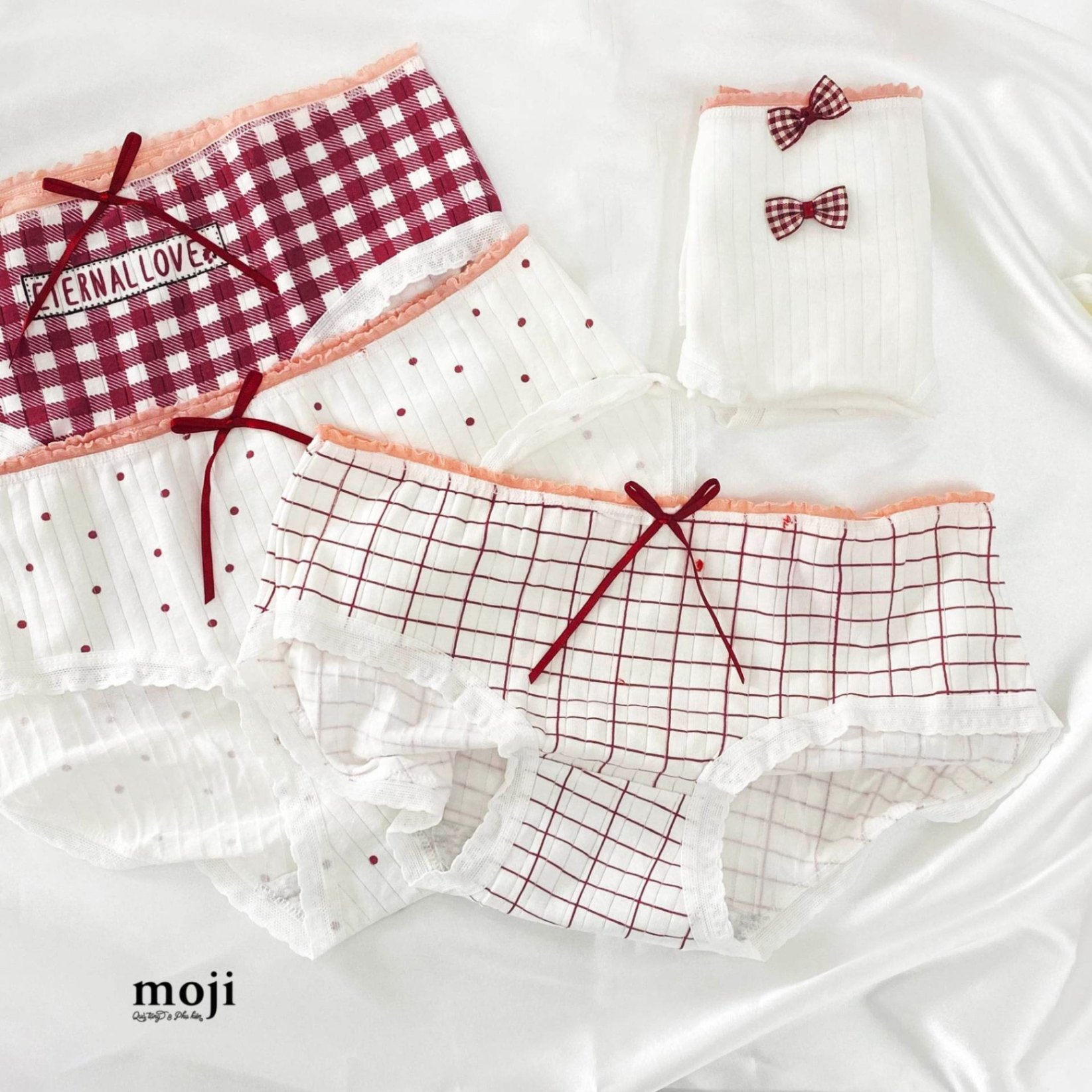 Quần chip MJ Eternal love kẻ ô chấm tròn nơ nhỏ