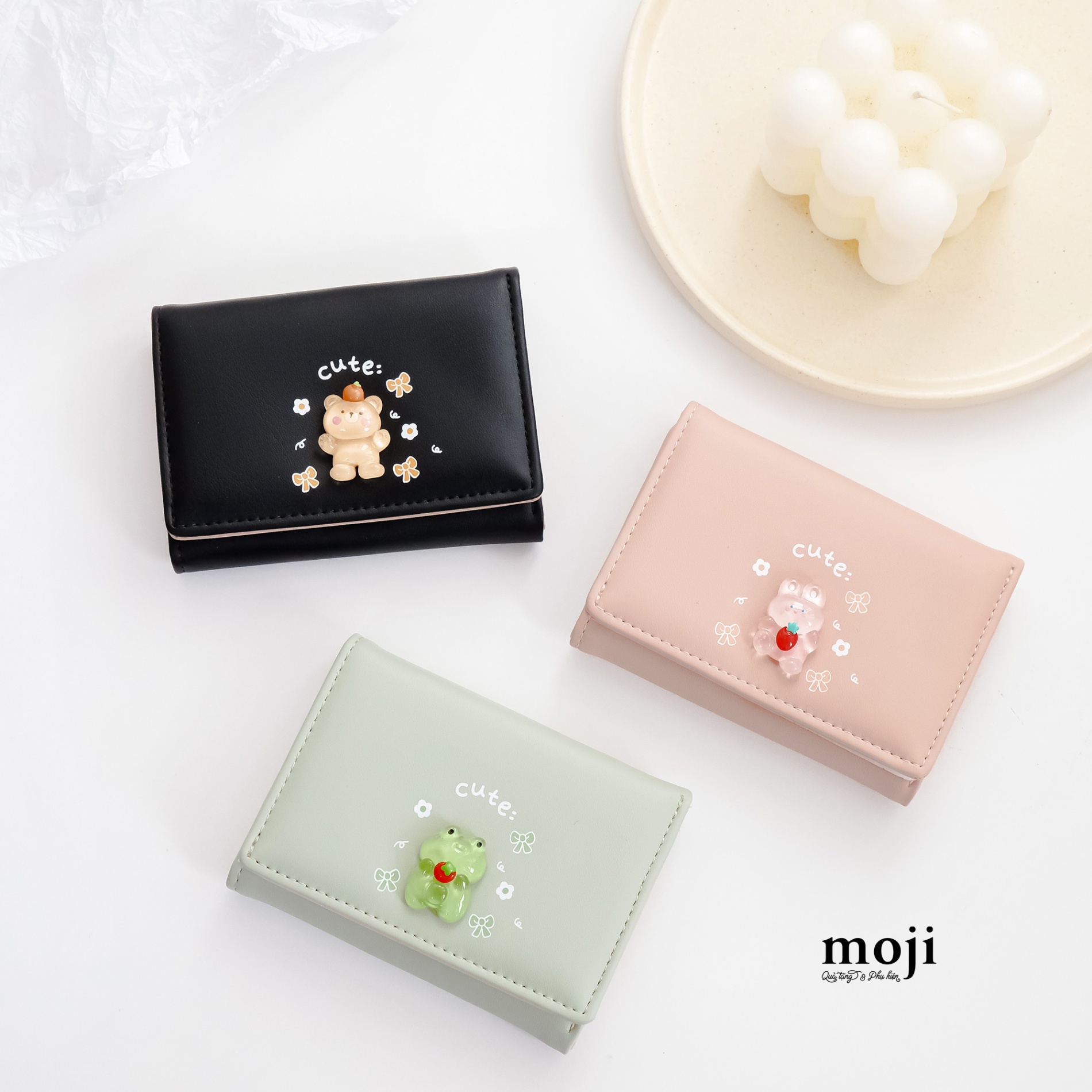 Ví da gập ngắn Cute animal nổi little bow flower nền màu 8x10